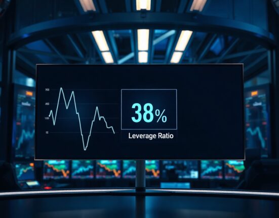 Financial dashboard showing DeFi leverage ratio at 38% with downward TVL trend