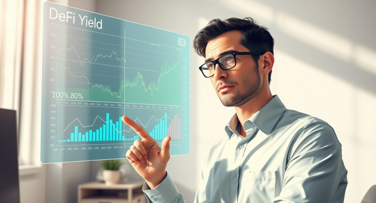 Financial analyst examines DeFi yield charts and blockchain data in professional office setting