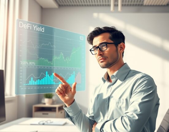 Financial analyst examines DeFi yield charts and blockchain data in professional office setting