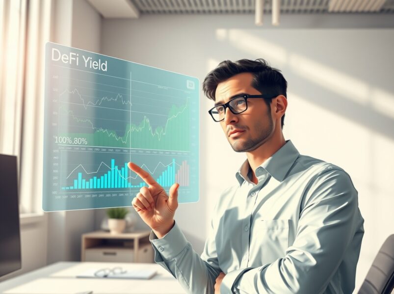 Financial analyst examines DeFi yield charts and blockchain data in professional office setting