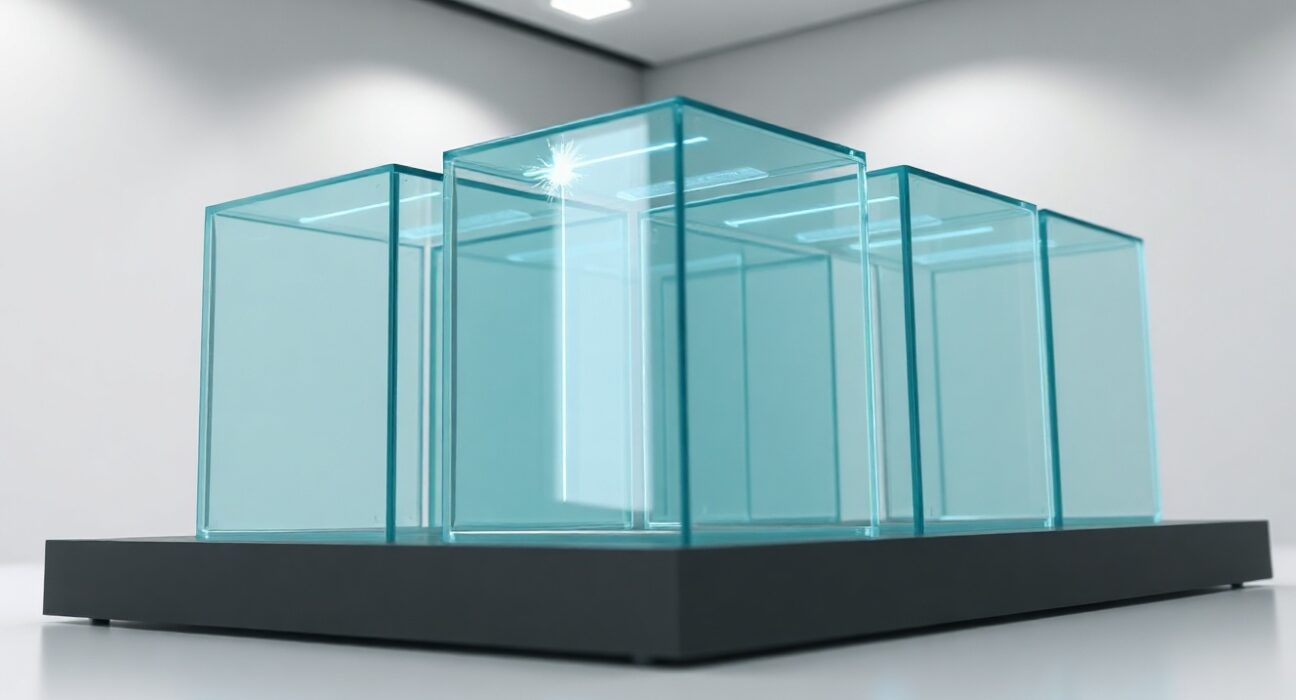 Modular architectural model representing risk-isolated DeFi lending system with glowing independent blocks.