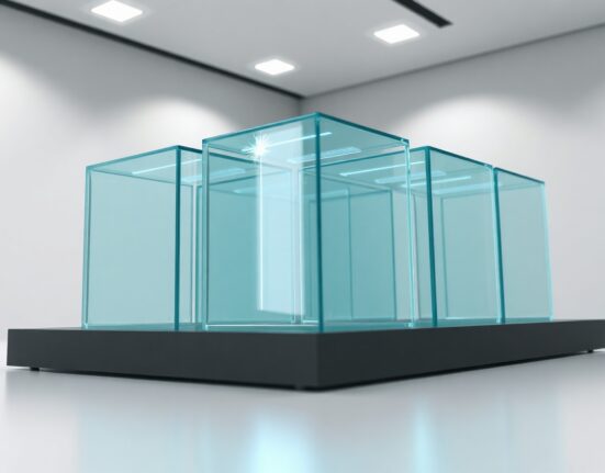 Modular architectural model representing risk-isolated DeFi lending system with glowing independent blocks.