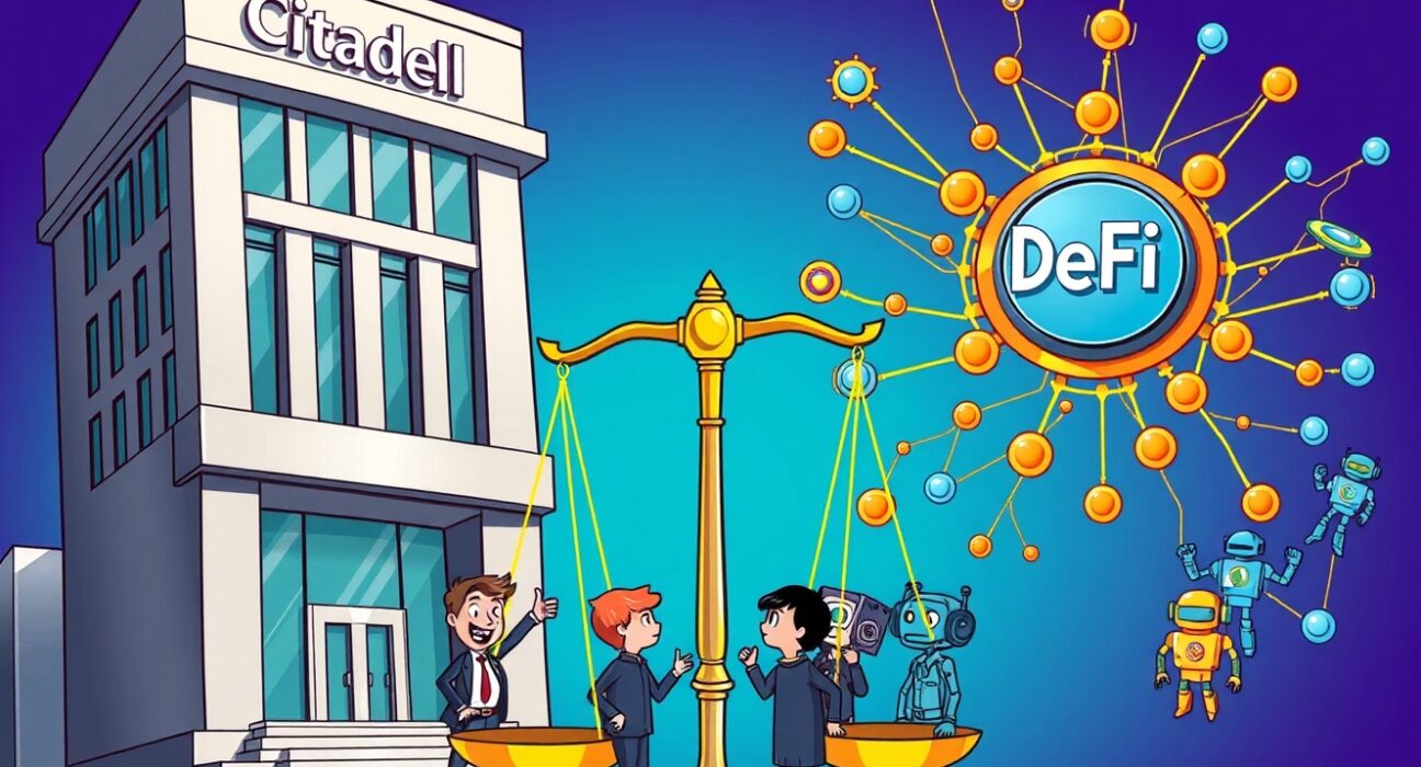 Cartoon illustration of the DeFi industry defiantly challenging traditional finance over tokenized securities regulation.