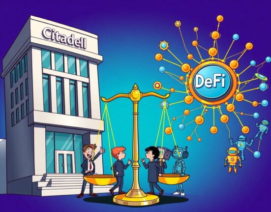 Cartoon illustration of the DeFi industry defiantly challenging traditional finance over tokenized securities regulation.