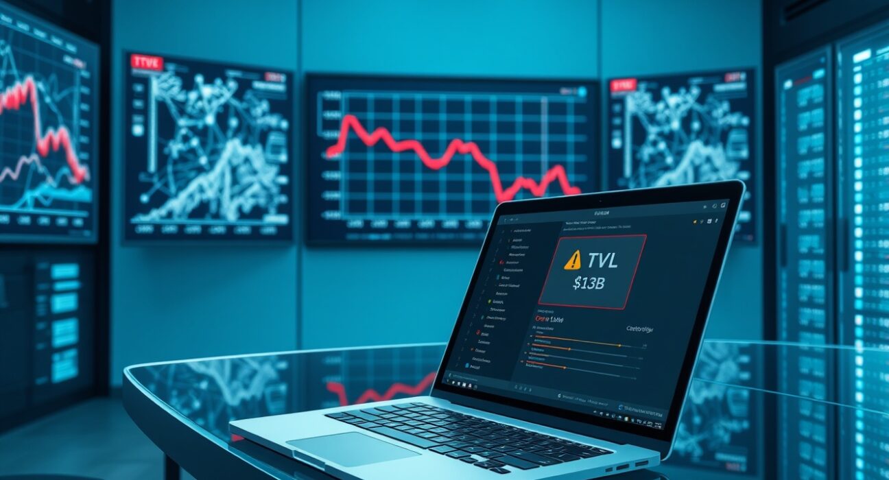 DeFi resilience: Kelp DAO hack and TVL decline analyzed in a financial control room with blockchain data screens