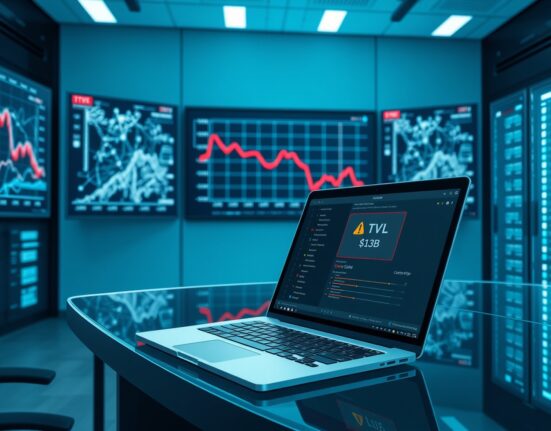 DeFi resilience: Kelp DAO hack and TVL decline analyzed in a financial control room with blockchain data screens