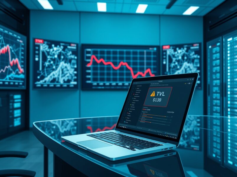 DeFi resilience: Kelp DAO hack and TVL decline analyzed in a financial control room with blockchain data screens