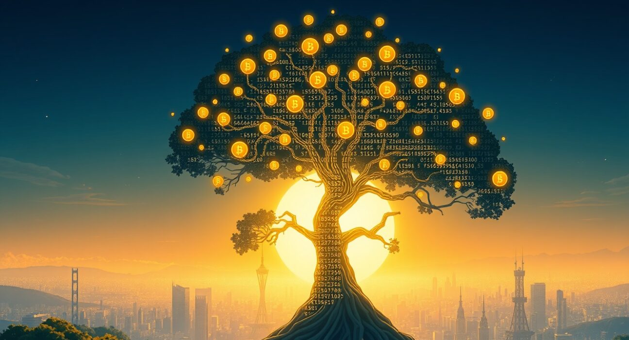 DeFi revenue growth visualized as a blockchain tree generating value in a digital ecosystem