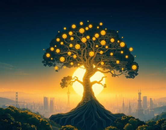 DeFi revenue growth visualized as a blockchain tree generating value in a digital ecosystem