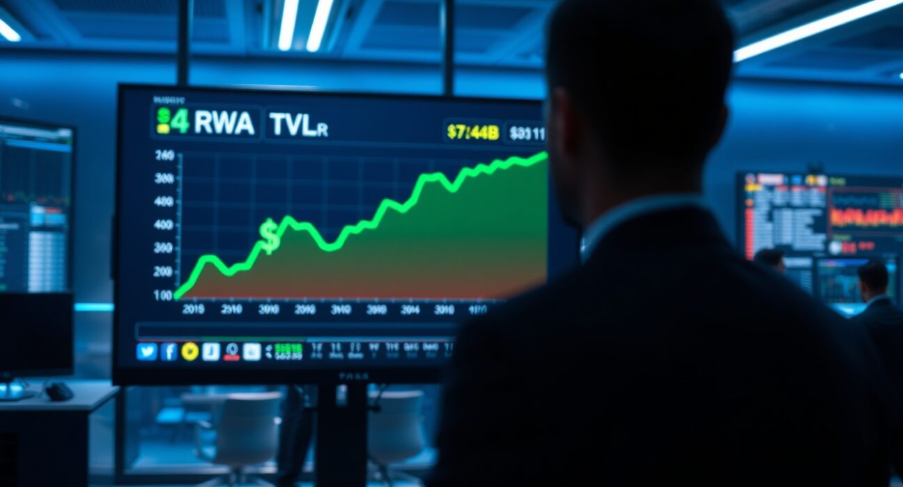 Financial data dashboard showing RWA TVL surging to $7.44 billion on an upward trend chart in a professional trading office.