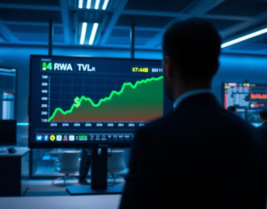 Financial data dashboard showing RWA TVL surging to $7.44 billion on an upward trend chart in a professional trading office.
