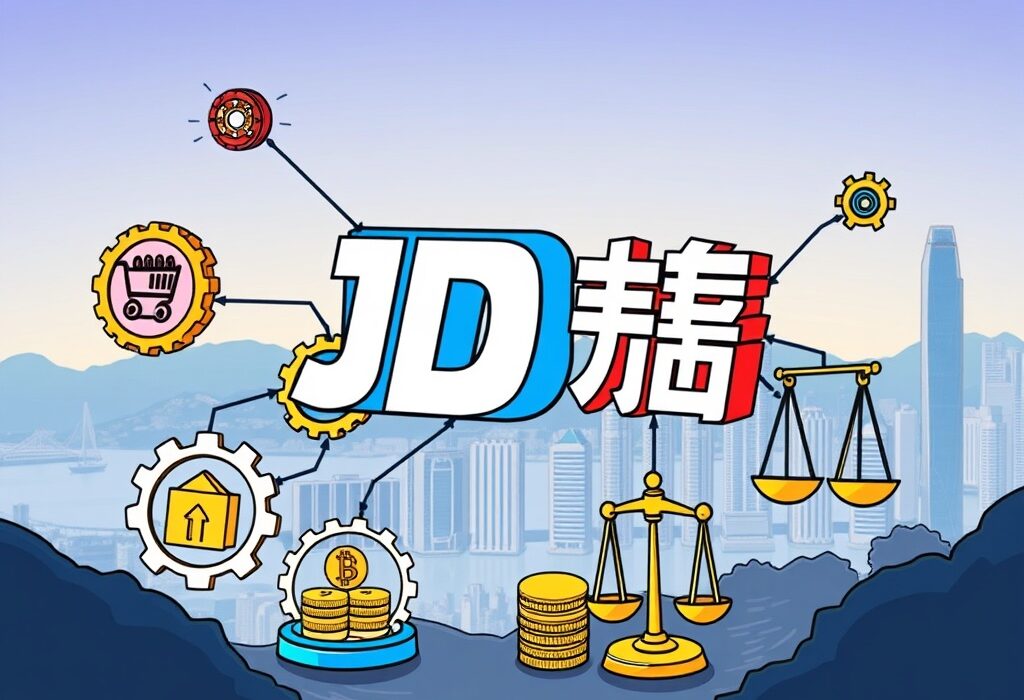 A cartoon illustration depicting JD.com's entry into decentralized finance, symbolized by a DeFi specialist connecting e-commerce with blockchain technology.