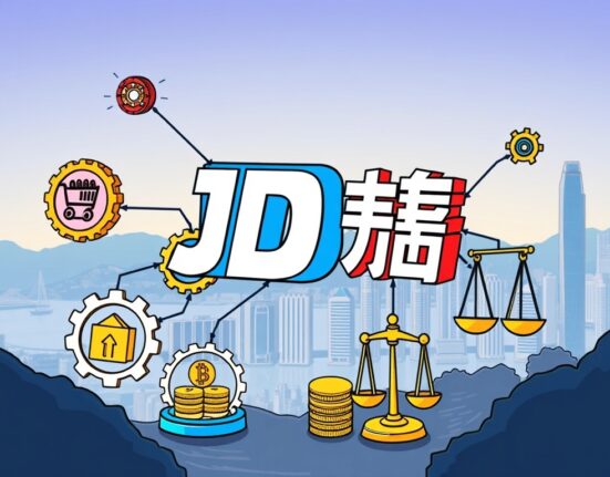 A cartoon illustration depicting JD.com's entry into decentralized finance, symbolized by a DeFi specialist connecting e-commerce with blockchain technology.