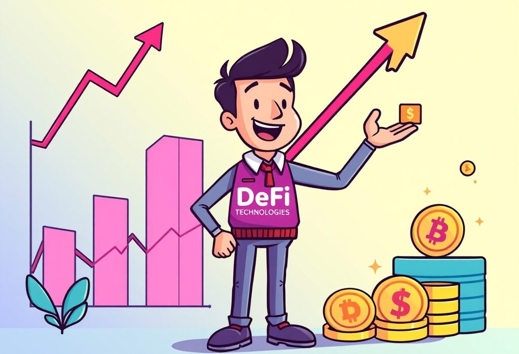 A vibrant cartoon showing financial growth, representing DeFi Technologies profit and strong digital asset management success.