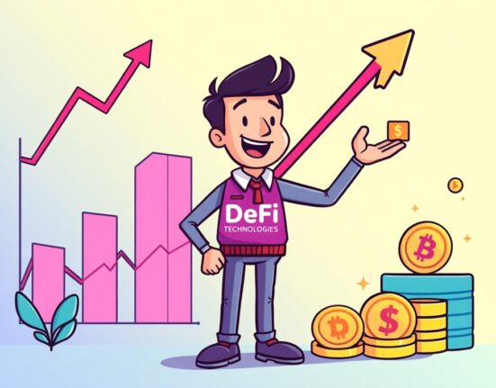 A vibrant cartoon showing financial growth, representing DeFi Technologies profit and strong digital asset management success.