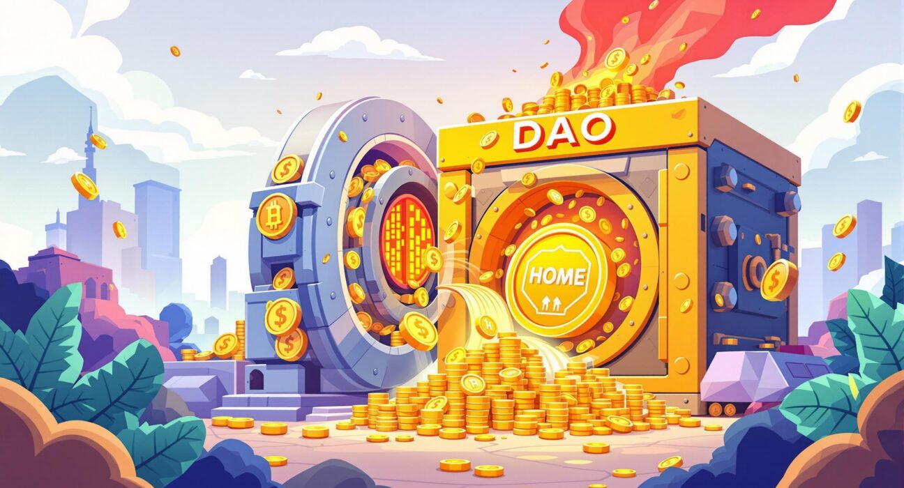A cartoon illustration showing DeFi App DAO's revenue being used for HOME token buybacks, strengthening the ecosystem.
