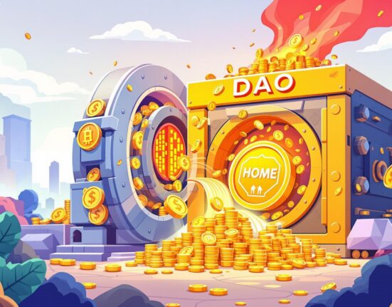 A cartoon illustration showing DeFi App DAO's revenue being used for HOME token buybacks, strengthening the ecosystem.