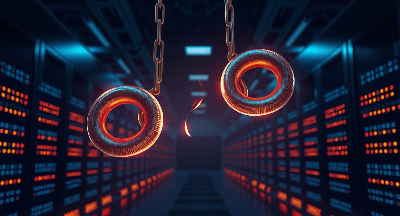 A broken digital chain link symbolizes the erosion of trust in DeFi due to repeated security hacks.