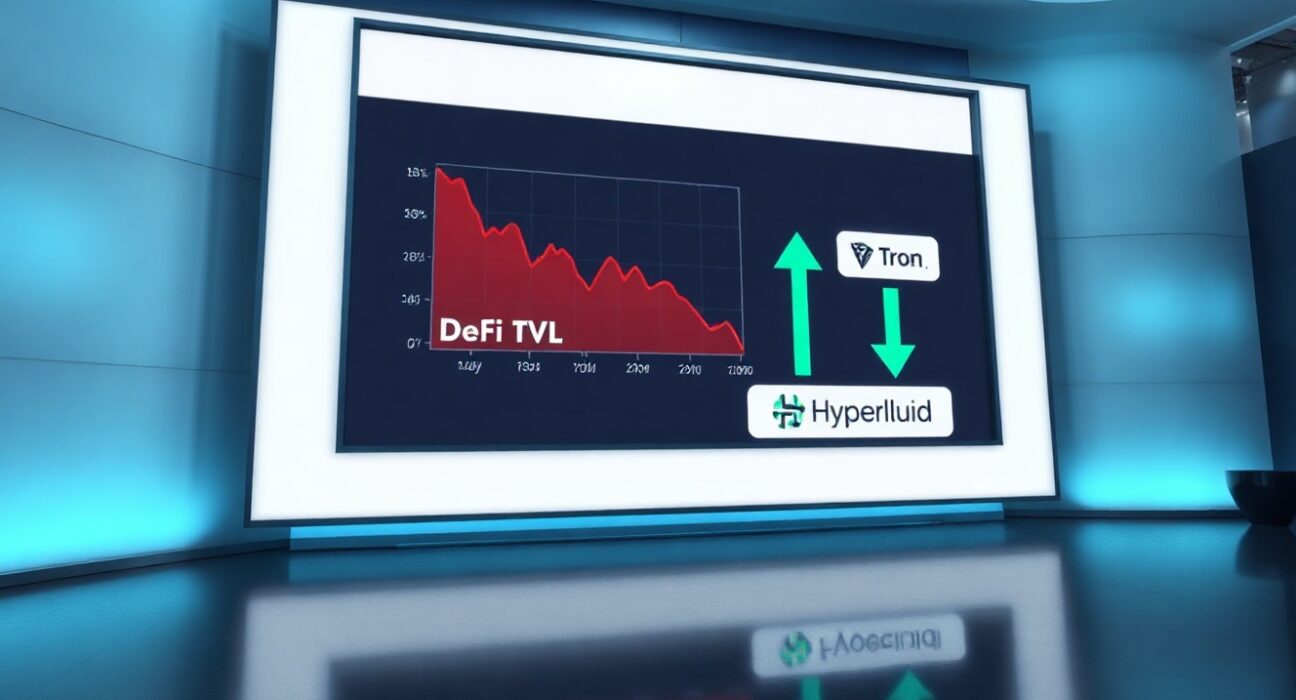 Downward-trending DeFi TVL graph with green indicators for Tron and Hyperliquid in a news studio
