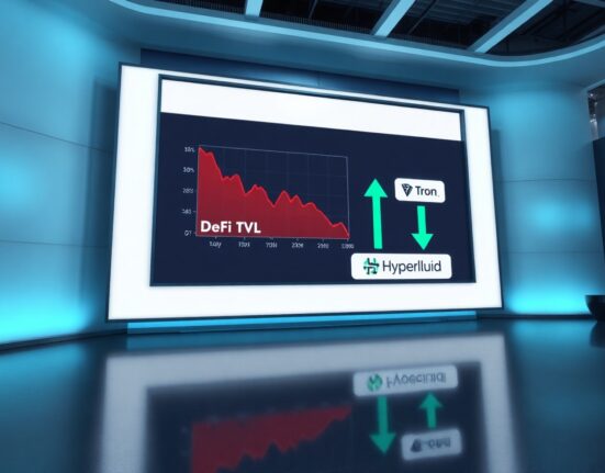 Downward-trending DeFi TVL graph with green indicators for Tron and Hyperliquid in a news studio