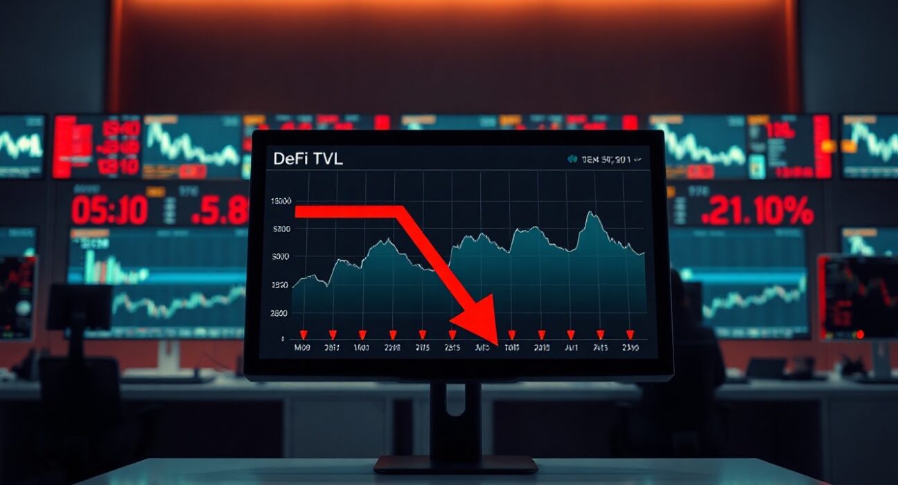 Digital dashboard showing declining DeFi TVL chart with red arrow after KelpDAO hack