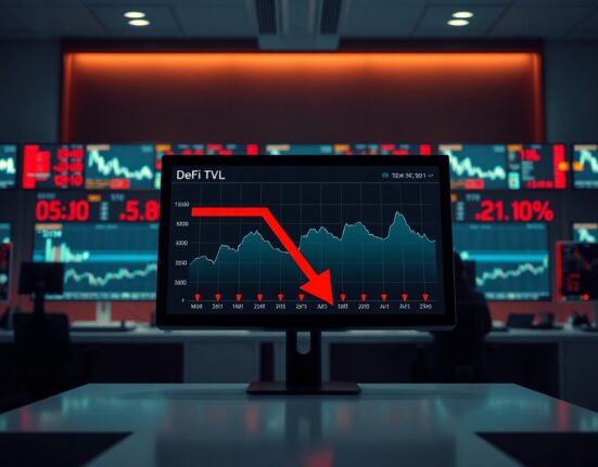 Digital dashboard showing declining DeFi TVL chart with red arrow after KelpDAO hack
