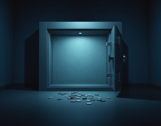 Empty digital vault representing decline in DeFi total value locked
