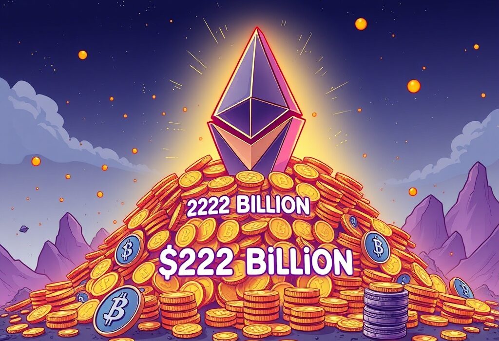 A cartoon illustration showing the record-breaking growth of DeFi TVL, with Ethereum prominently dominating the decentralized finance sector.