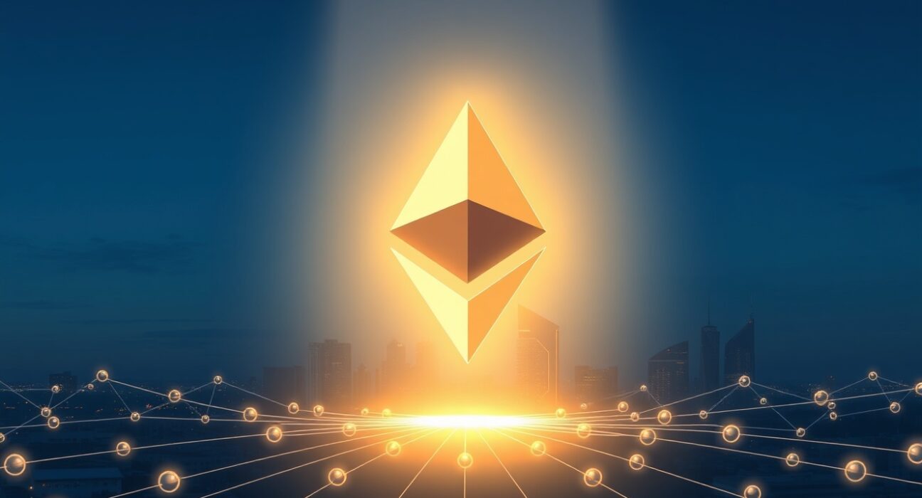 DeFi United raises $161M in ETH, visualized as a glowing Ethereum logo surrounded by partner nodes in a city skyline