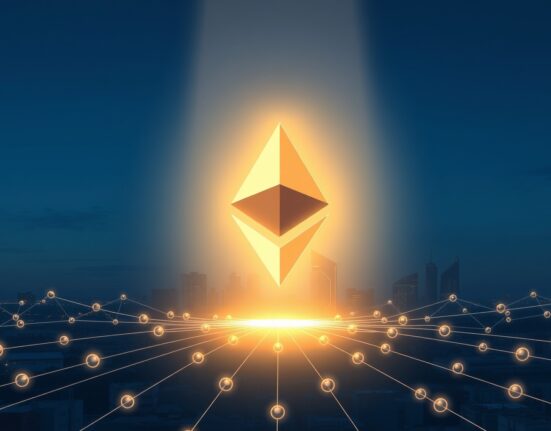 DeFi United raises $161M in ETH, visualized as a glowing Ethereum logo surrounded by partner nodes in a city skyline