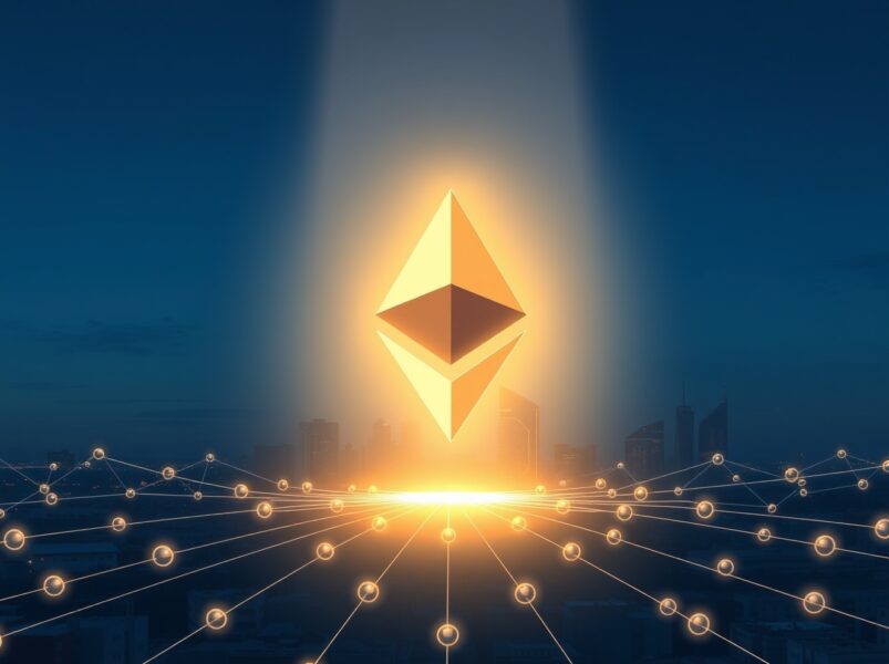 DeFi United raises $161M in ETH, visualized as a glowing Ethereum logo surrounded by partner nodes in a city skyline
