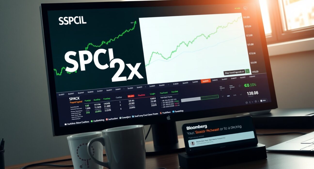 Stock trading screen showing SPCL chart with 2x leverage and SpaceX branding