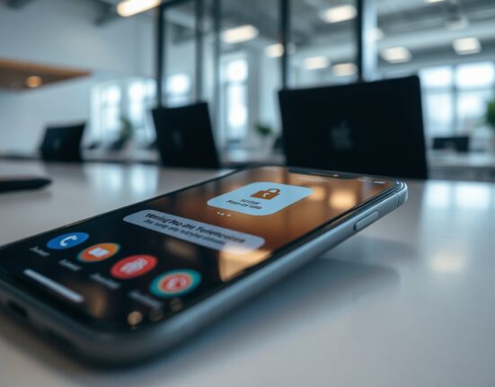 Smartphone showing app store interface with a warning icon, representing fake app security concerns.