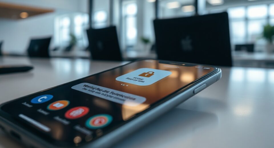 Smartphone showing app store interface with a warning icon, representing fake app security concerns.