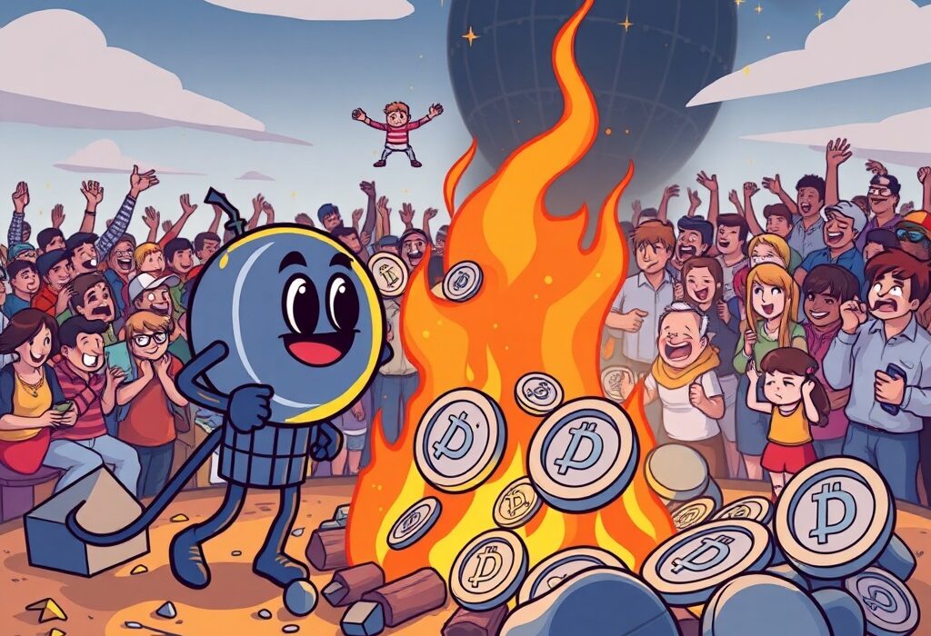 A cartoon illustration depicting the Degen token burn process, symbolizing reduced inflation and rewards for long-term holders.