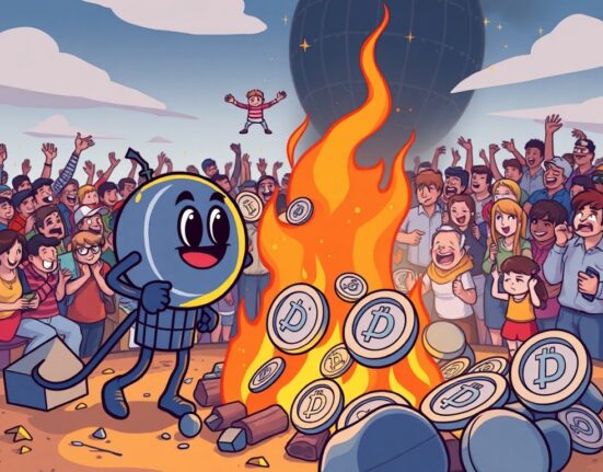 A cartoon illustration depicting the Degen token burn process, symbolizing reduced inflation and rewards for long-term holders.