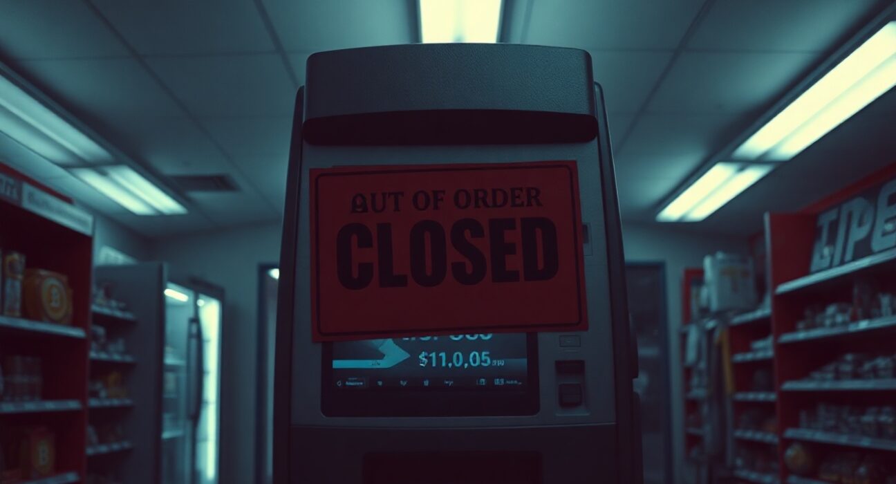 Cryptocurrency ATM with a closed sign in a store, representing Delaware's proposed ban.