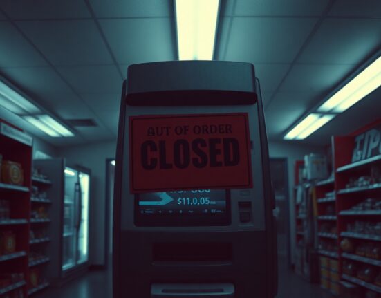 Cryptocurrency ATM with a closed sign in a store, representing Delaware's proposed ban.