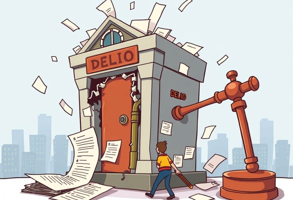 A cartoon image illustrating Delio's persistent attempt at corporate rehabilitation amidst legal challenges and bankruptcy proceedings.