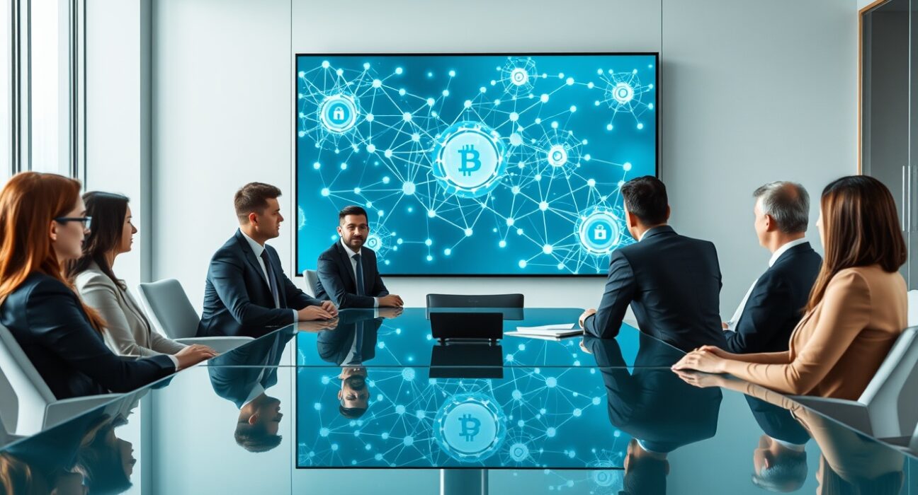 Professional team in a modern conference room discussing blockchain technology on a large digital screen