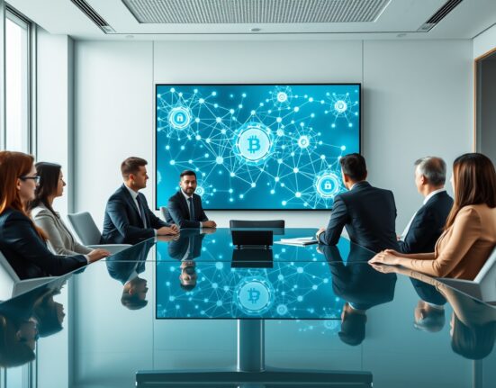 Professional team in a modern conference room discussing blockchain technology on a large digital screen