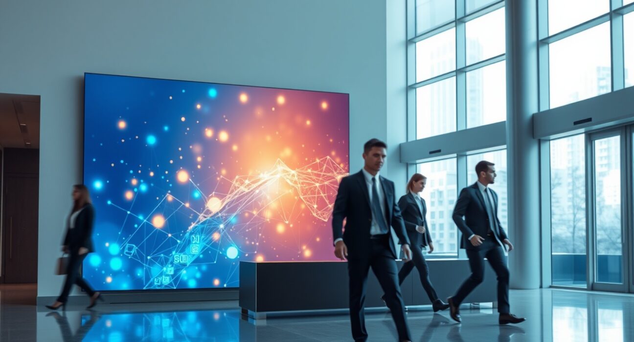 Modern corporate office lobby with digital blockchain-themed abstract display