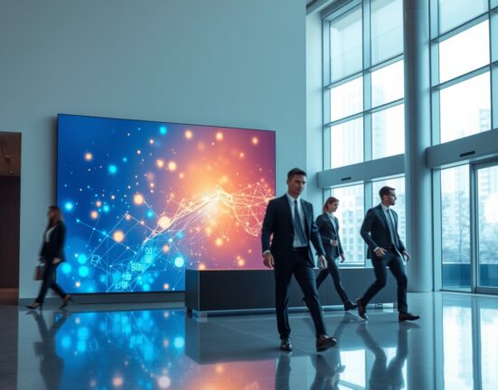 Modern corporate office lobby with digital blockchain-themed abstract display