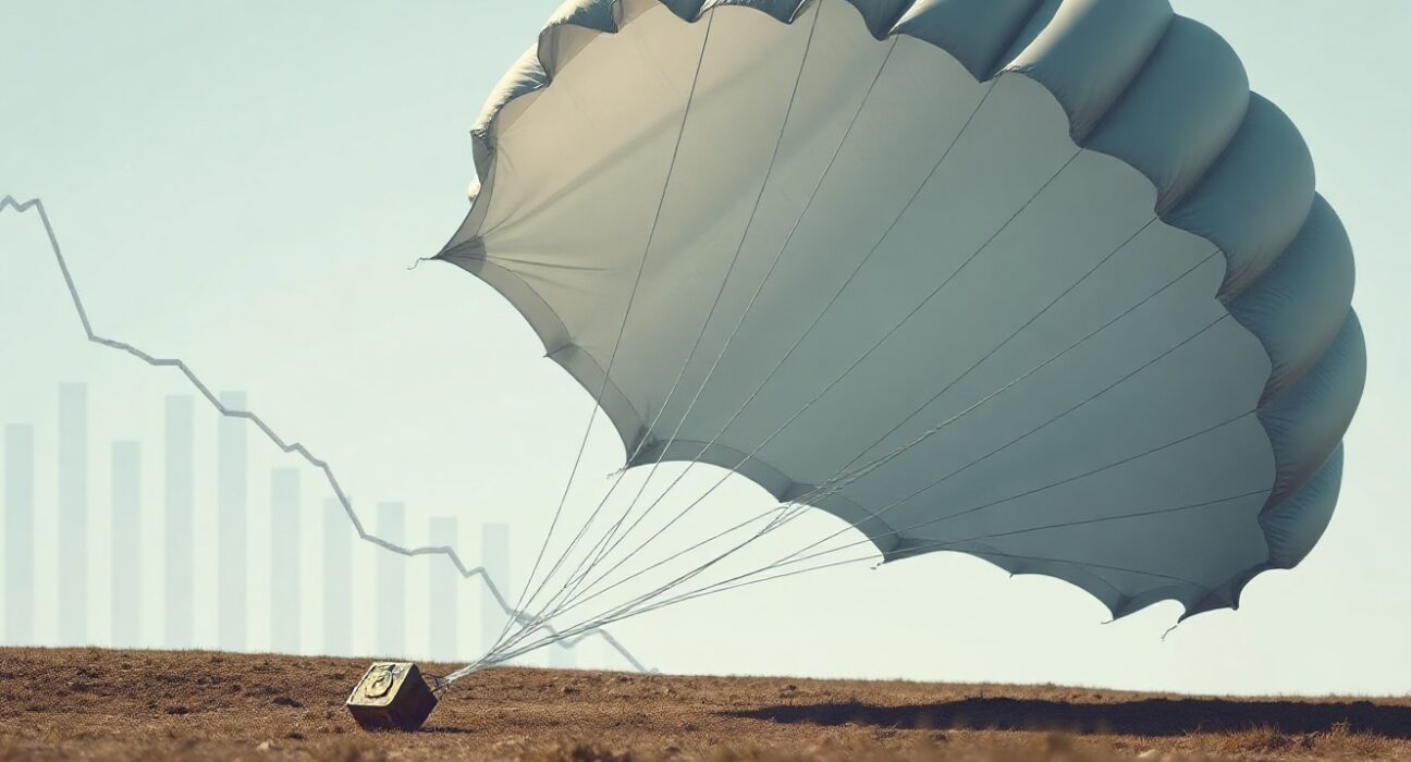 Crumpled airdrop parachute on digital landscape symbolizing end of crypto airdrop era