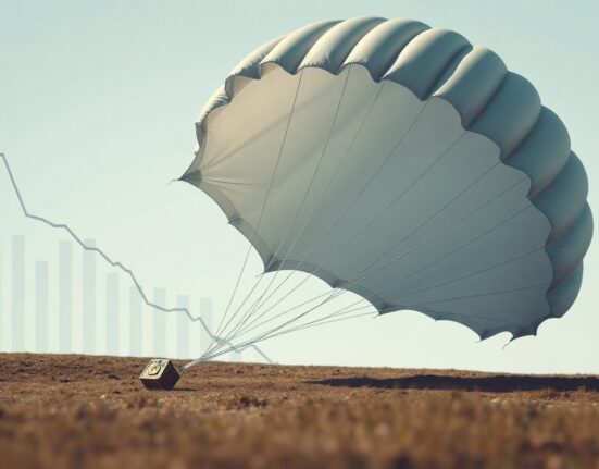 Crumpled airdrop parachute on digital landscape symbolizing end of crypto airdrop era
