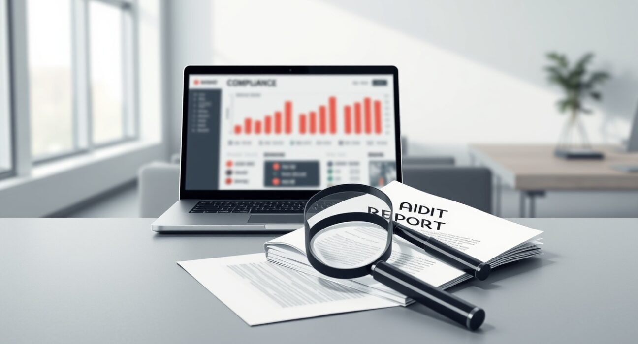 Investigative scene of Delve compliance scandal showing audit documents and a laptop dashboard.