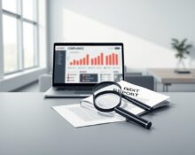 Investigative scene of Delve compliance scandal showing audit documents and a laptop dashboard.