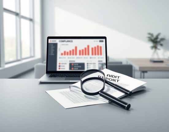 Investigative scene of Delve compliance scandal showing audit documents and a laptop dashboard.