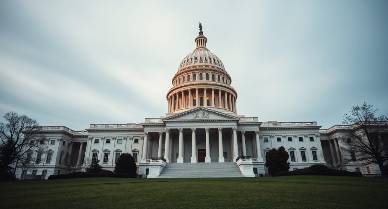 US Capitol building under overcast sky, setting for political hearing on presidential crypto holdings