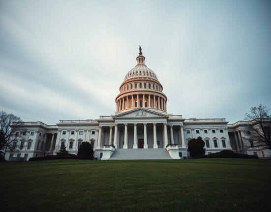 US Capitol building under overcast sky, setting for political hearing on presidential crypto holdings